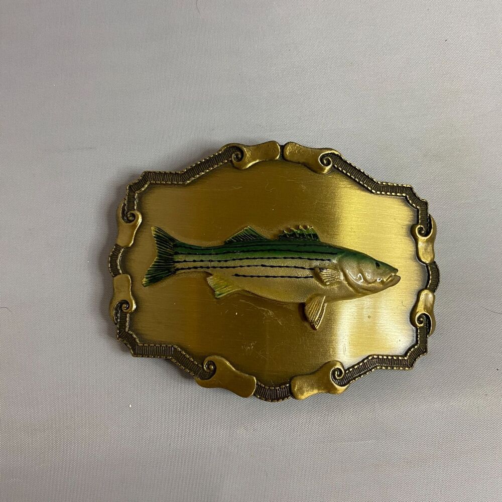 #7825 Raintree Striped Bass Metal Belt Buckle 4.25x3 inch